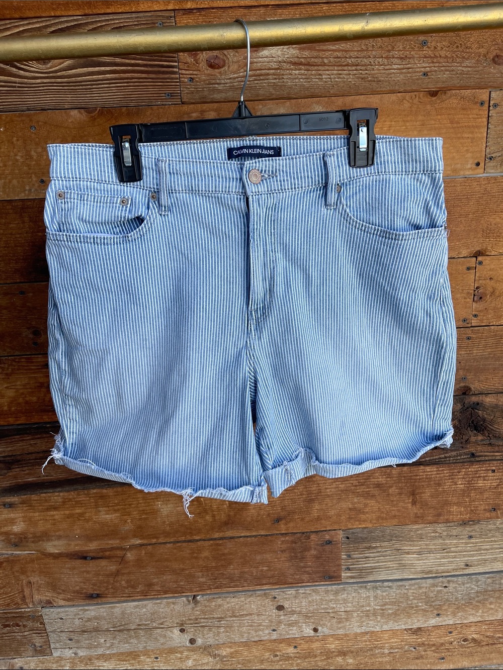 Calvin Klein Jeans Striped Cutoff Denim Shorts Women’s Size 12 Blue White